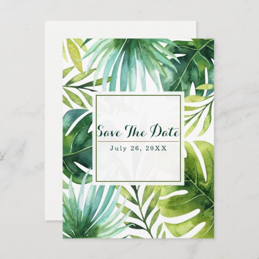 熱帯葉ハワイアン結婚式日付を保存 案内ポストカード (正面/裏面)
