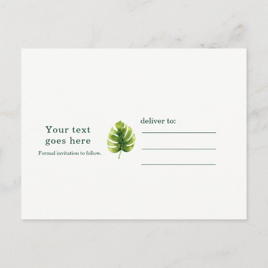 熱帯葉ハワイアン結婚式日付を保存 案内ポストカード (裏面)