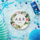 熱帯葉ハワ結婚イのモノグラム  ペーパープレート (パーティー)