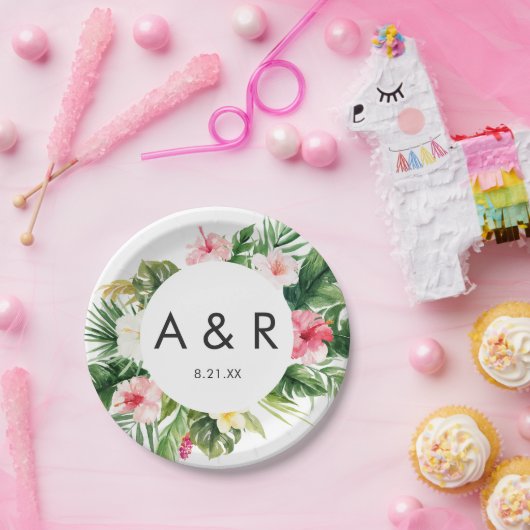 熱帯葉ハワ結婚イのモノグラム  ペーパープレート (パーティー)