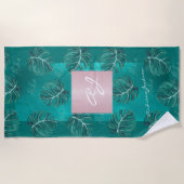 熱帯葉バラ金ゴールドモダンモノグラム名 ビーチタオル (正面)