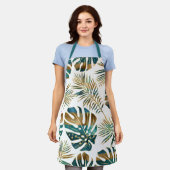 熱帯葉パターン(の模様が)あるティール(緑がかった色)、金ゴールドブラシストローク エプロン (着用した状態)