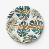 熱帯葉パターン(の模様が)あるティール(緑がかった色)、金ゴールドブラシストローク ペーパープレート (正面)