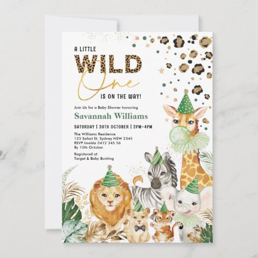 熱帯葉パーティーサファリ動物ベビーシャワー 招待状 (正面)