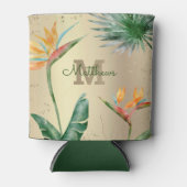 熱帯葉パームフローラモノグラムスクリプト金ゴールド 缶クーラー (正面)