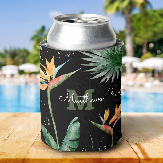 熱帯葉パームモノグラムスクリプト金ゴールドブラック 缶クーラー