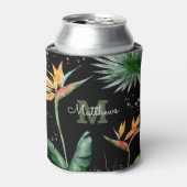 熱帯葉パームモノグラムスクリプト金ゴールドブラック 缶クーラー (缶正面)