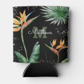 熱帯葉パームモノグラムスクリプト金ゴールドブラック 缶クーラー (正面)