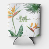 熱帯葉パームモノグラムスクリプト金ゴールド白 缶クーラー (正面)