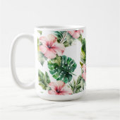 熱帯葉ピンクのハイビスカス花 コーヒーマグカップ (左)