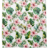 熱帯葉ピンクのハイビスカス花 シャワーカーテン (正面)