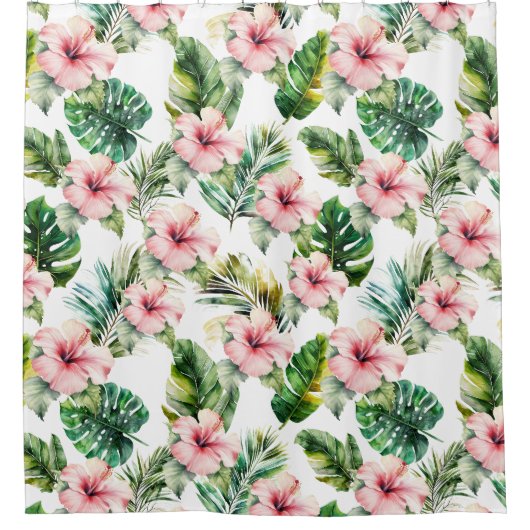 熱帯葉ピンクのハイビスカス花 シャワーカーテン (正面)