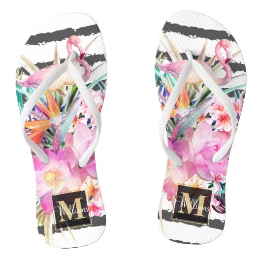 熱帯葉フローラとフラミンゴストライプ ビーチサンダル (ソール)