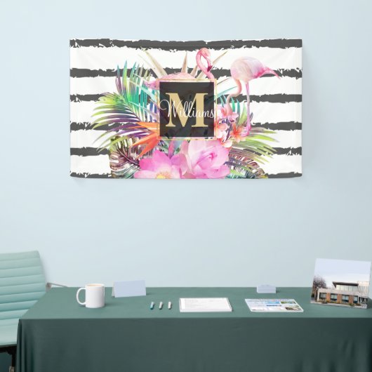 熱帯葉フローラとフラミンゴストライプ 横断幕 (トレードショー)