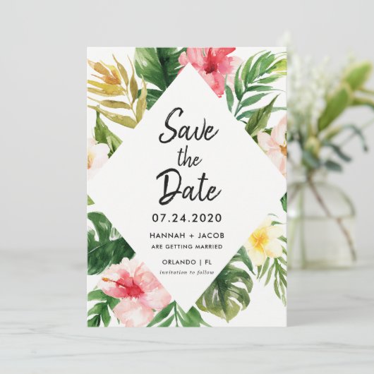 熱帯葉ルアウ（ハワイ式宴会）結婚式日付カードを保存 招待状 (スタンド正面)