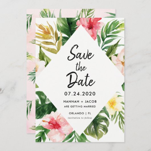 熱帯葉ルアウ(ハワイ式宴会)結婚式日付カードを保存 招待状 (正面/裏面)