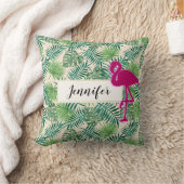 熱帯葉型とピンクフラミンゴカスタム クッション (ブランケット)