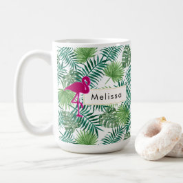 熱帯葉型とピンクフラミンゴカスタム コーヒーマグカップ