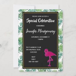熱帯葉型とピンクフラミンゴパーティー 招待状