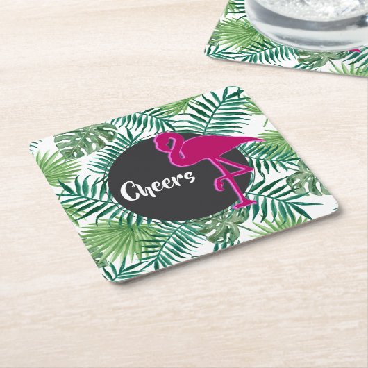 熱帯葉型とピンクフラミンゴ応援 スクエアペーパーコースター (アングル)