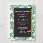 熱帯葉型とピンクフラミンゴ誕生日 招待状 (正面)