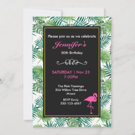 熱帯葉型とピンクフラミンゴ誕生日 招待状