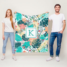 熱帯葉型コラージュ フリースブランケット