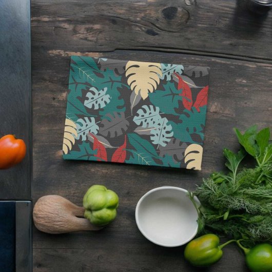 熱帯葉型模様 キッチンタオル