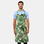 熱帯葉水色葉円モノグラム エプロン (着用した状態)