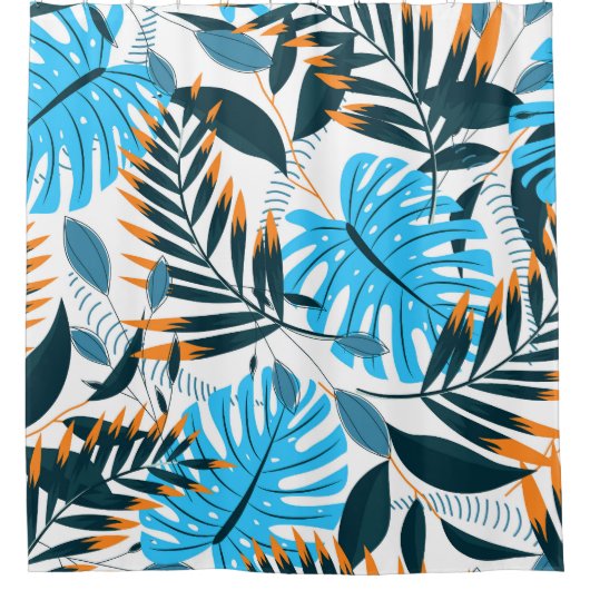 熱帯葉白色鮮パターン シャワーカーテン (正面)