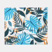 熱帯葉白色鮮パターン フリースブランケット (正面(横))