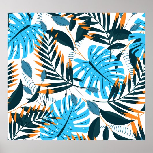 熱帯葉白色鮮パターン ポスター (正面)