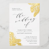 熱帯葉結婚の金ゴールド 箔招待状 (正面)