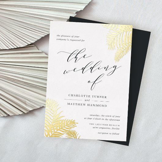 熱帯葉結婚の金ゴールド 箔招待状