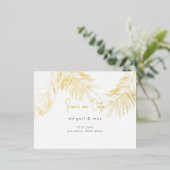 熱帯葉結婚金ゴールド救の日 箔招待状ポストカード (立ち正面)