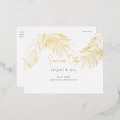 熱帯葉結婚金ゴールド救の日 箔招待状ポストカード (正面/裏面)