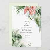 熱帯葉緑の花結婚の 招待状 (正面/裏面)