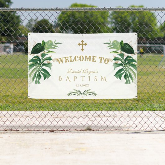熱帯葉金ゴールドクロスバプテスマ歓迎サイン 横断幕 (インサイチュ)