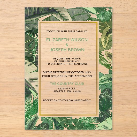 熱帯葉金ゴールド温室結婚植物薬 アクリル招待状 (正面)