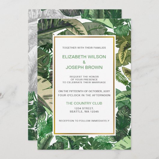 熱帯葉金ゴールド温室結婚植物薬 招待状 (正面/裏面)