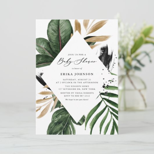 熱帯葉金箔フェイクフレーム赤ちゃんシャワー 招待状 (スタンド正面)