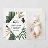 熱帯葉金箔フレーム写真バプテスマ 招待状 (正面)