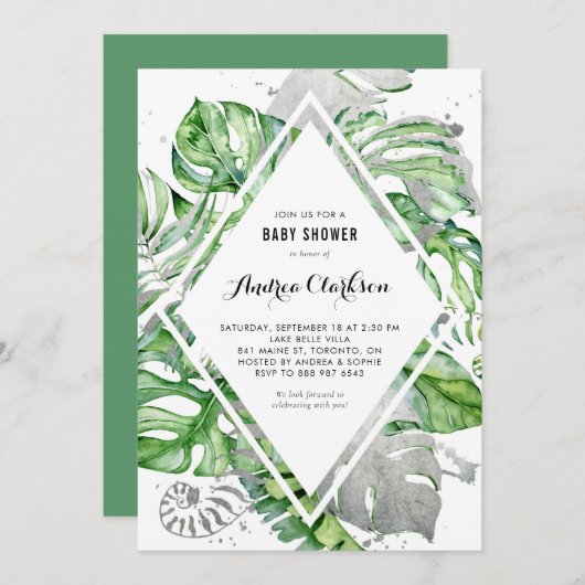 熱帯葉銀箔サマーベビーシャワー 招待状 (正面/裏面)