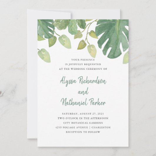 熱帯葉|の緑および白い結婚式 招待状 (正面)