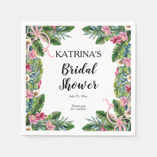 熱帯葉 |ピンクフローラブライダルシャワー スタンダードカクテルナプキン (正面)