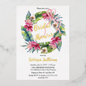 熱帯葉 |ピンクフローラブライダルシャワー 箔招待状 (正面)