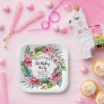 熱帯葉 |ピンクフローラ誕生日パーティー ペーパープレート<br><div class="desc">美しい水色ピンクのフローラハイビスカスバースデーパーティーリースデザイン緑豊かな熱帯の緑とマルチループピンクボウ。</div>