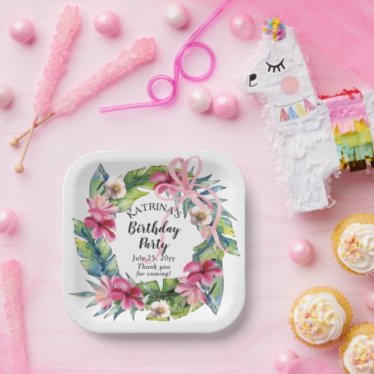 熱帯葉 |ピンクフローラ誕生日パーティー ペーパープレート (パーティー)