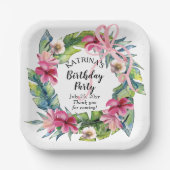 熱帯葉 |ピンクフローラ誕生日パーティー ペーパープレート (正面)