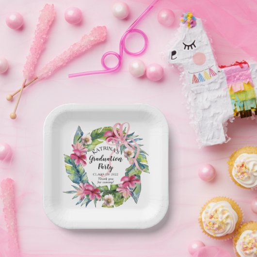 熱帯葉 |ピンク・フローラ卒業パーティー ペーパープレート (パーティー)